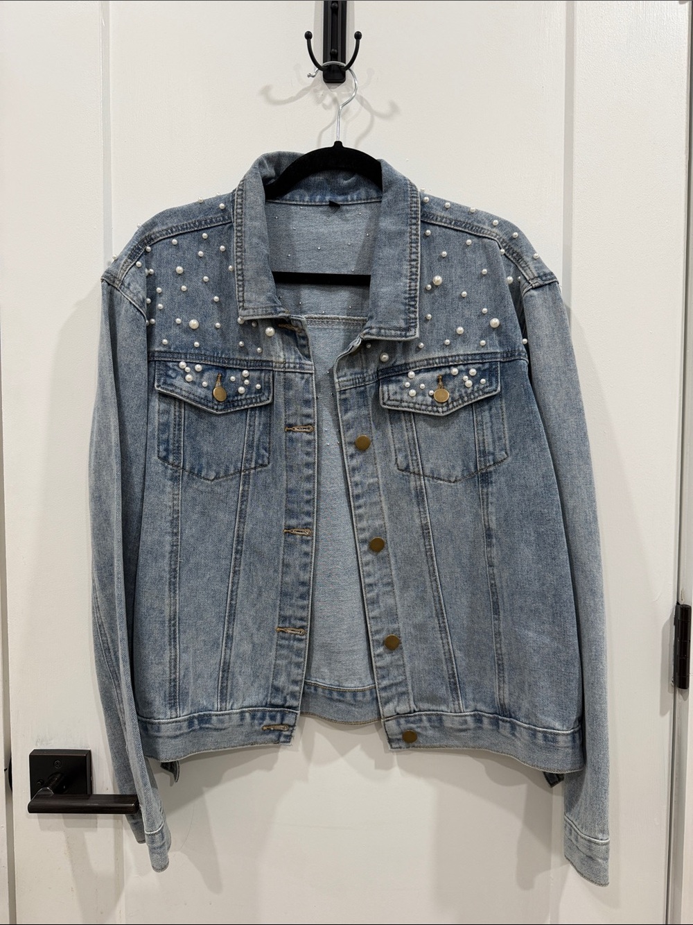 Pearl-Accent Light Blue Denim Jacket - Women